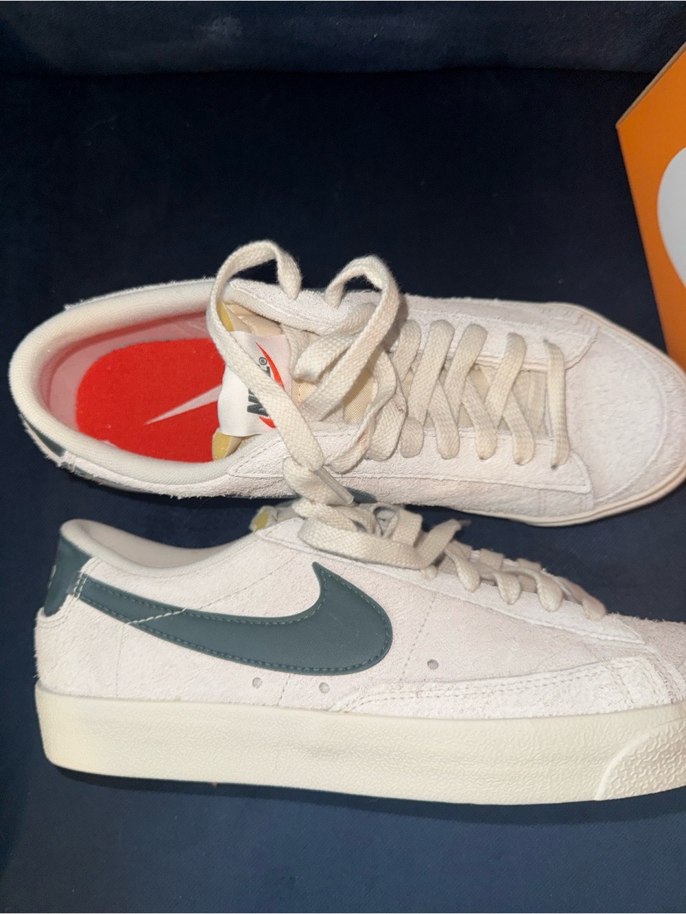 Nike Women’s Suede Low-Top Sneakers in Off-White with Dark Green Swoosh - Picture 4 of 10
